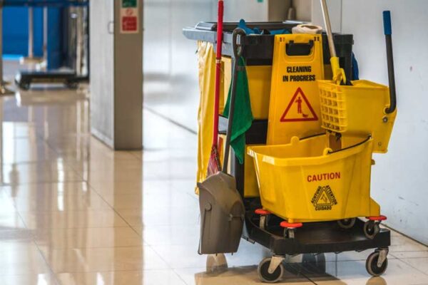 Professional Janitorial Services in Fuquay Varina, NC – A Complete Guide Commercial cleaning cart ready for Janitorial Services in Fuquay Varina NC at a corporate facility.
